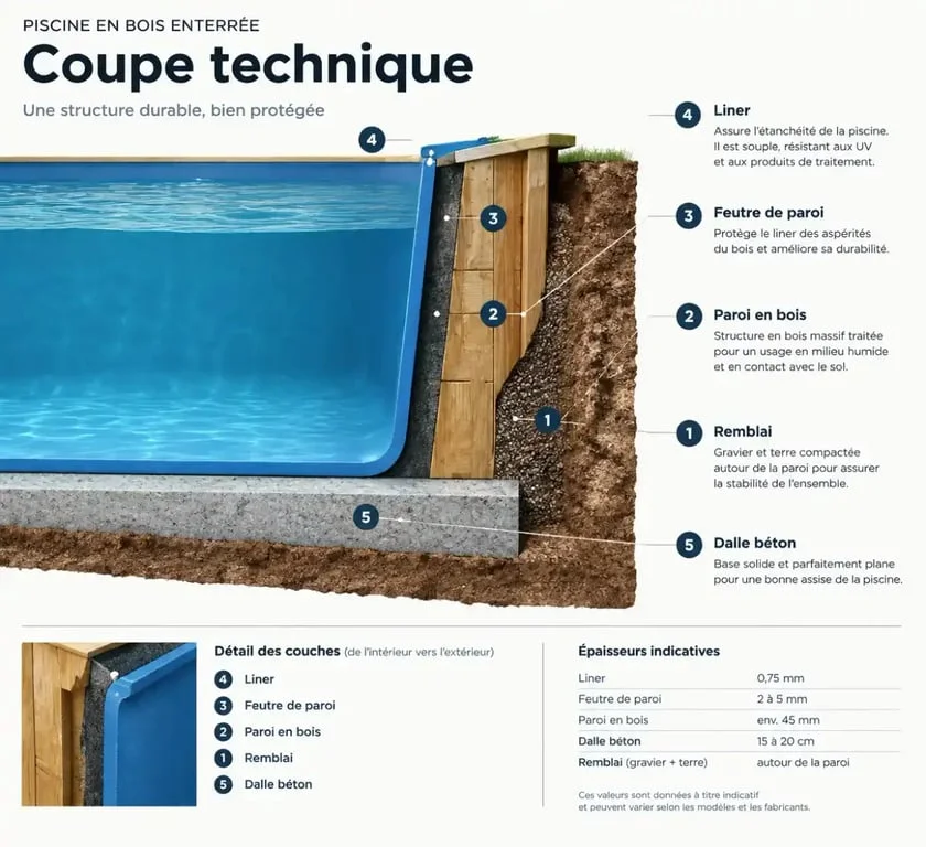 Schéma technique d'une piscine en kit bois enterrée avec dalle béton et remblai