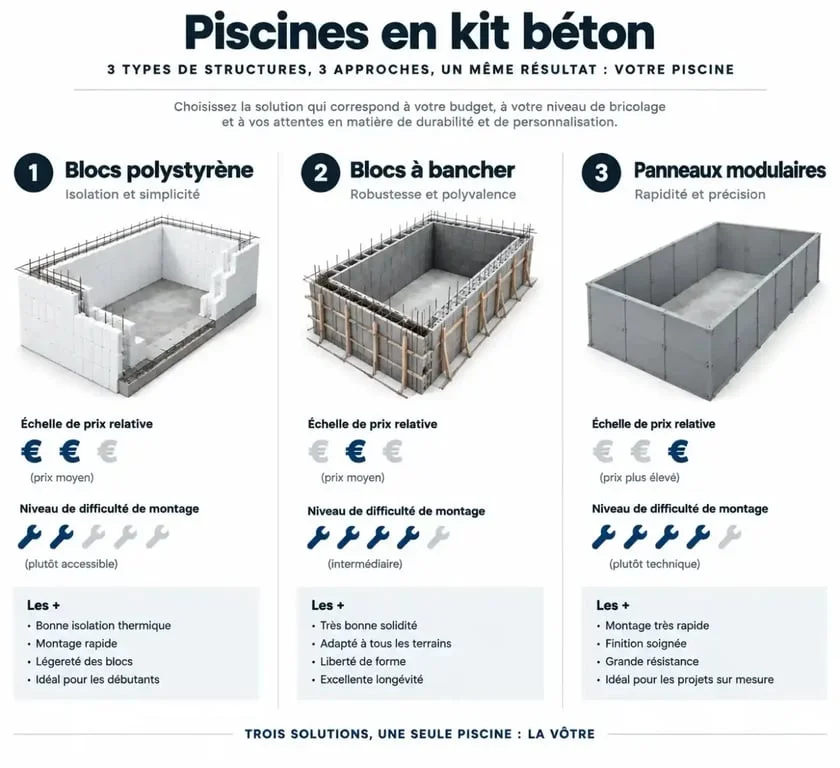 Comparatif des types de piscine en kit béton prix et complexité