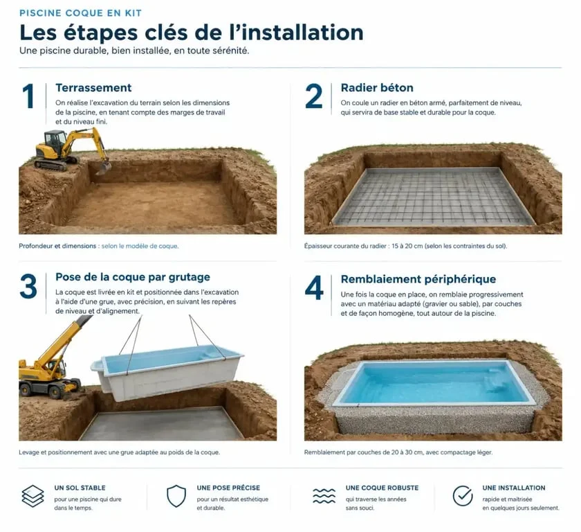 Étapes d'installation d'une piscine coque en kit : terrassement, radier et remblaiement