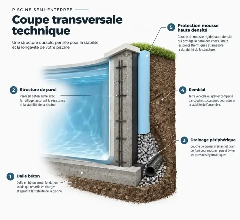 Schéma technique d'une piscine semi-enterrée en kit montrant la structure et le drainage