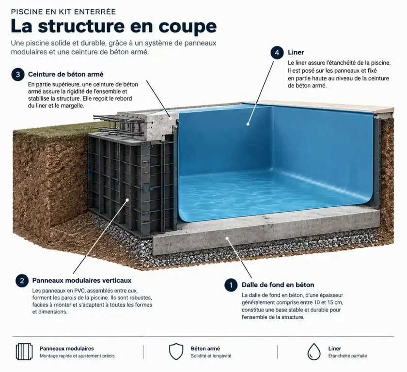 Schéma technique d'une piscine en kit panneaux avec dalle béton et ceinture de renfort