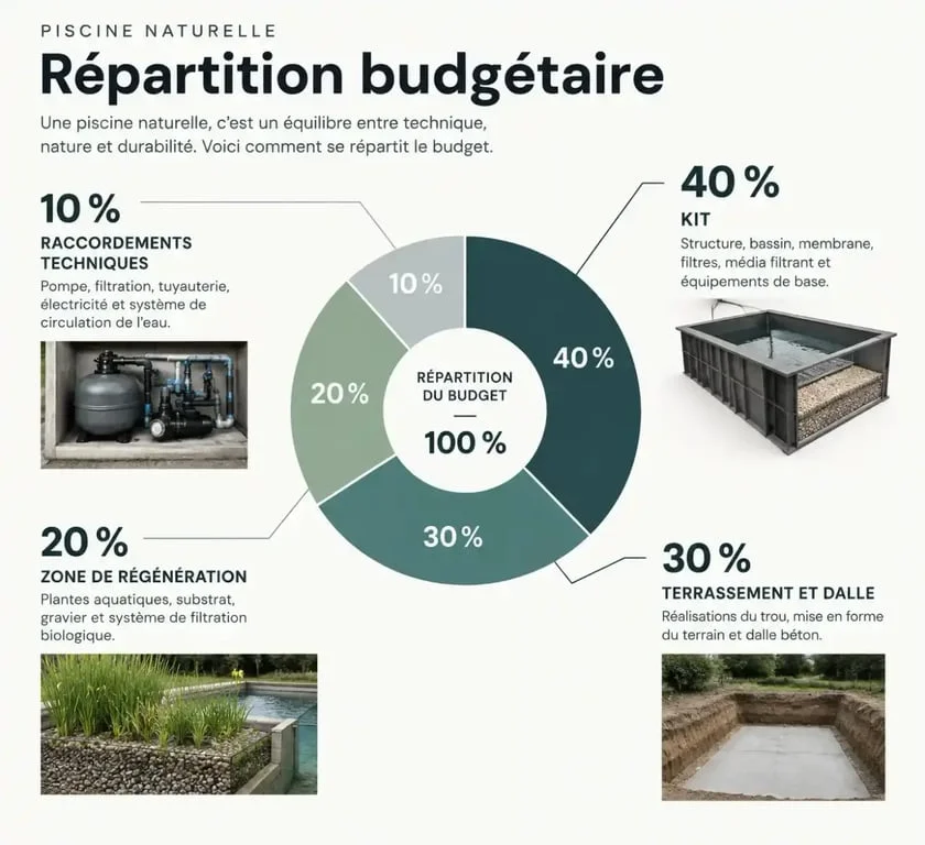 Répartition des coûts pour une piscine naturelle en kit : budget total et postes de dépenses