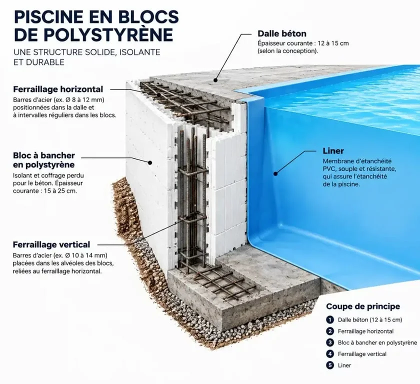 Schéma de construction d'une piscine en kit bloc plastique avec dalle béton et ferraillage