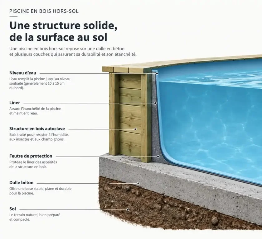 Schéma technique d'une installation de piscine en kit bois hors-sol sur dalle béton