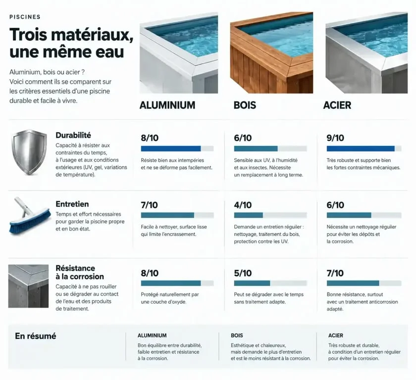 Comparatif des matériaux pour piscine en kit aluminium, bois et acier