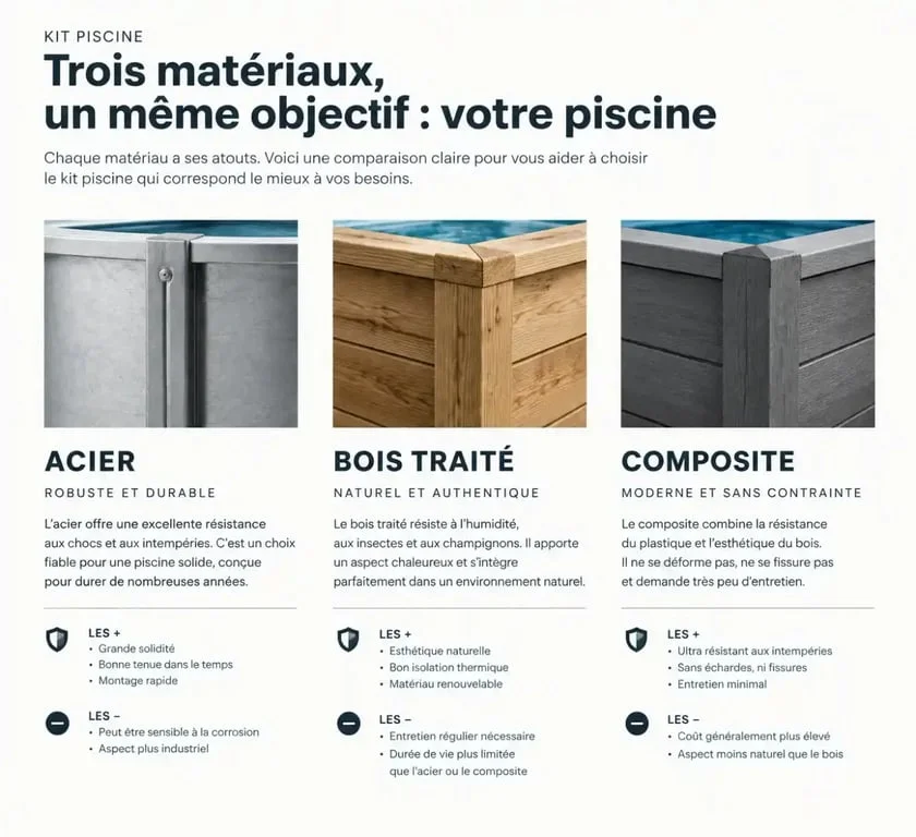 Comparaison des matériaux pour piscine en kit hors-sol : acier, bois et composite