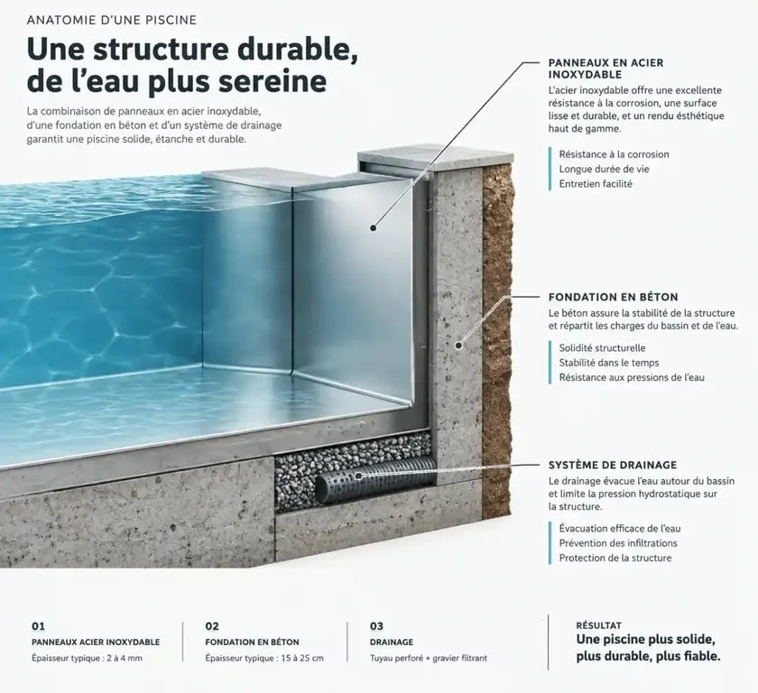 Schéma technique d'une piscine inox en kit montrant la structure et le radier
