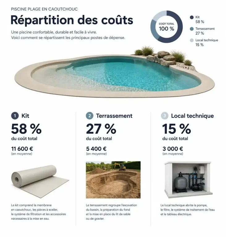 Répartition budgétaire d'un kit piscine plage en caoutchouc